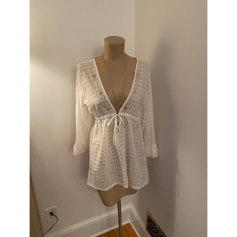 Maria Bonita Phax White Cotton‎ Embroidered Sequin V-Neck Beach Cover Up Tunic L
